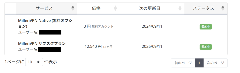 MillenVPN　契約中　マイページ